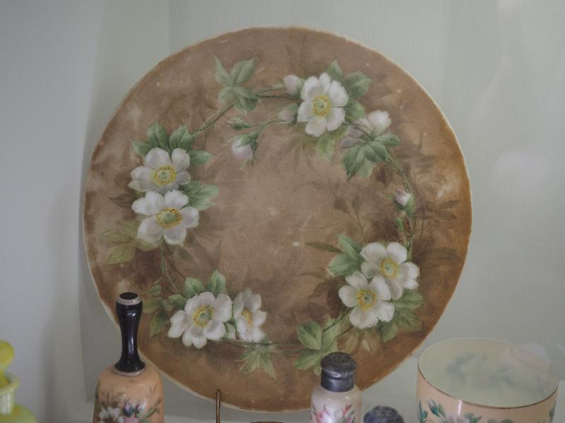 Sandwich, Massachusetts (MA): Sandwich Glass Museum: mold-blown opal decorated glassware with rose motif, plaque (1875-1887, attributed to Boston & Sandwich Glass Company)