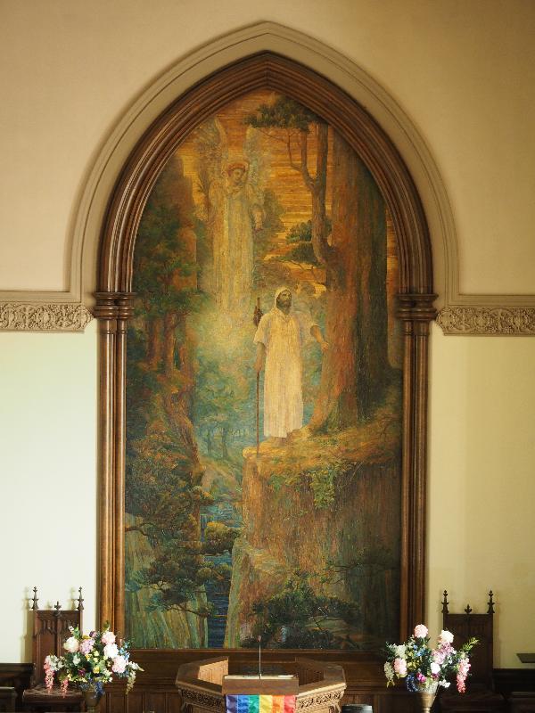 New Bedford, Massachusetts (MA): First Unitarian Church: Prescott Memorial Mosaic, Pilgrim and Guardian Angel (1911, Tiffany Studios)