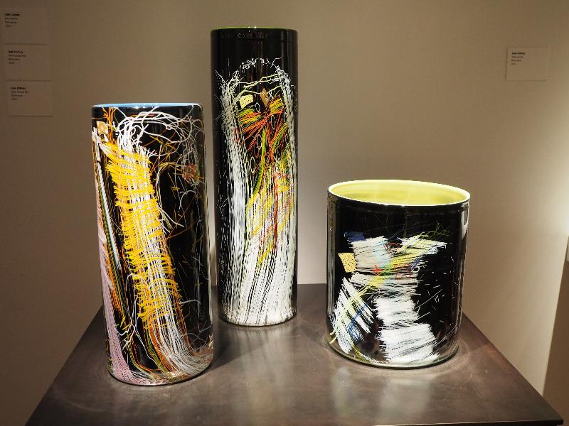 London, England: Kew Gardens: three Black Cylinders (Black Cylinder, 2013; Black Cylinder #58, 2008; Black Cylinder #63, 2008, Dale Chihuly)