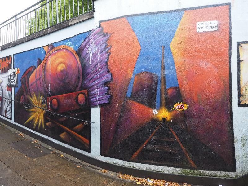 Newcastle-under-Lyme, England: Ryecroft / Lower Street subway: trains (2014, Bridge Street Subway Community Arts Project)
