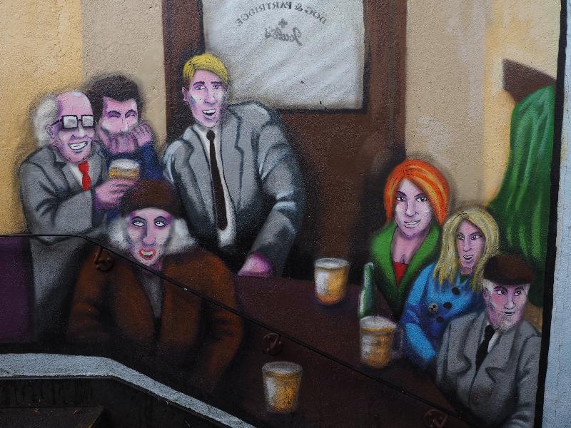Newcastle-under-Lyme, England: Ryecroft / Lower Street subway: people in pub (2014, Bridge Street Subway Community Arts Project)