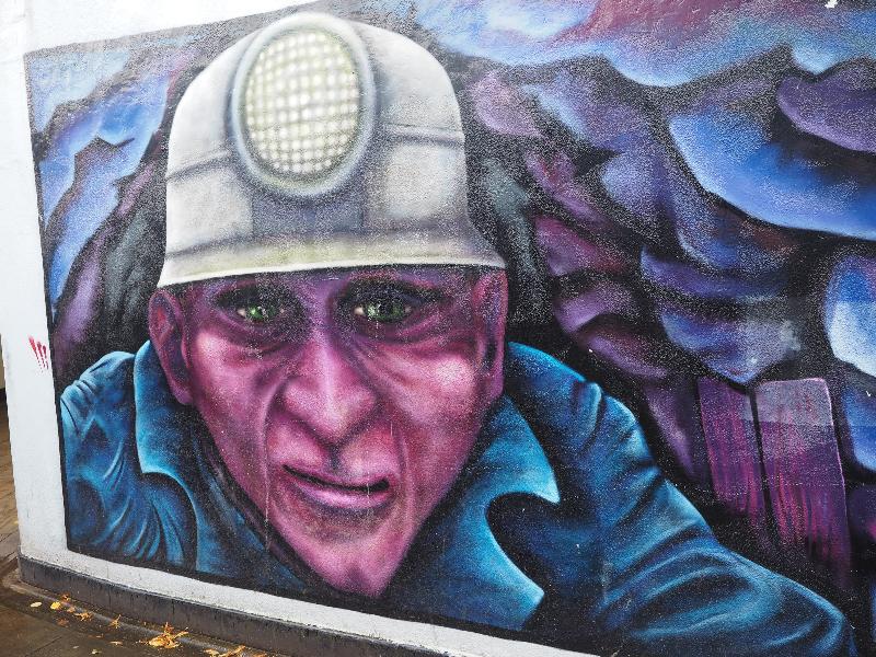 Newcastle-under-Lyme, England: Ryecroft / Lower Street subway: coal miner (2014, Bridge Street Subway Community Arts Project)