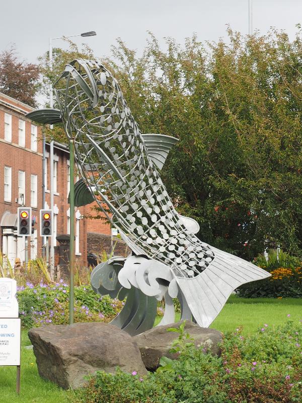 Newcastle-under-Lyme, England: Jubilee roundabout: Trout (2015, sculptor, Andy Edwards)