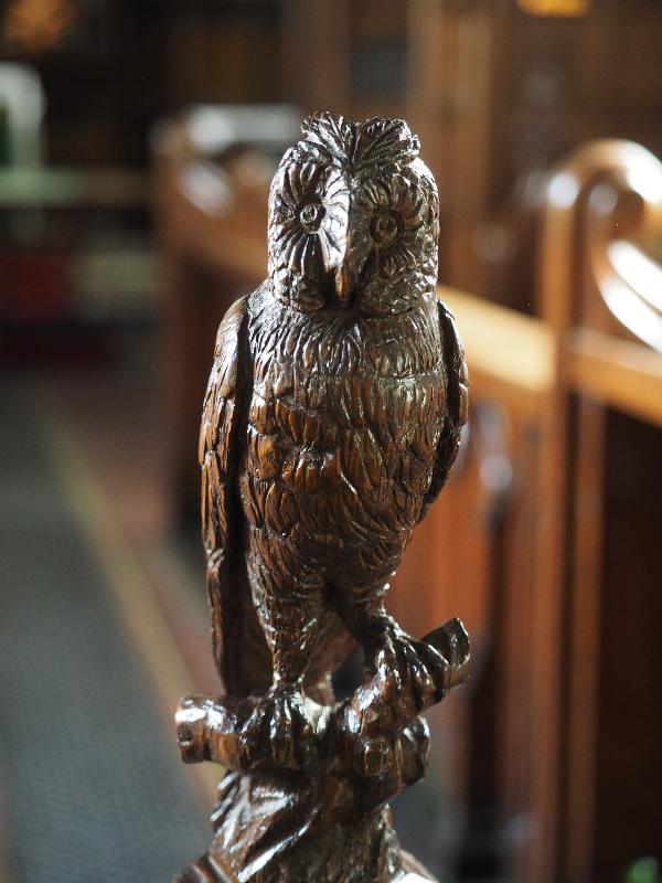 Market Bosworth, England: St Peter's Church: owl (1895, part of chancel rood screen)