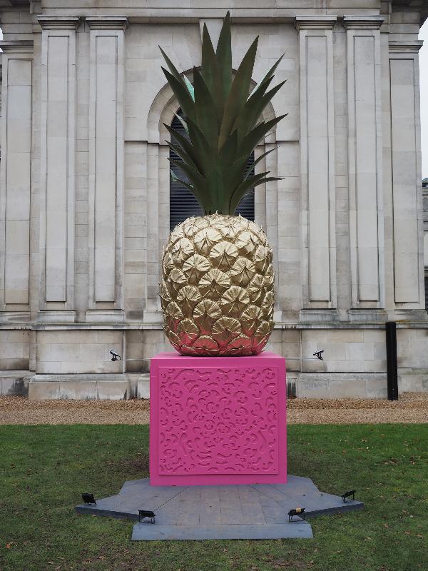 Cambridge, England: Fitzwilliam Museum: giant golden pineapple (2019, Bompas & Parr)
