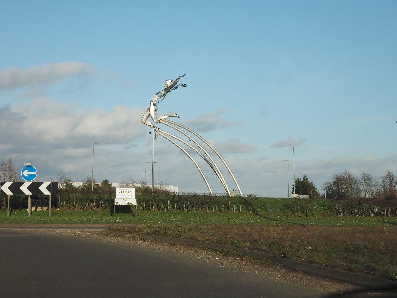 Milton Keynes, England: Fen Roundabout: Leaping Man Greg Rutherford (2014, Clare Bigger)