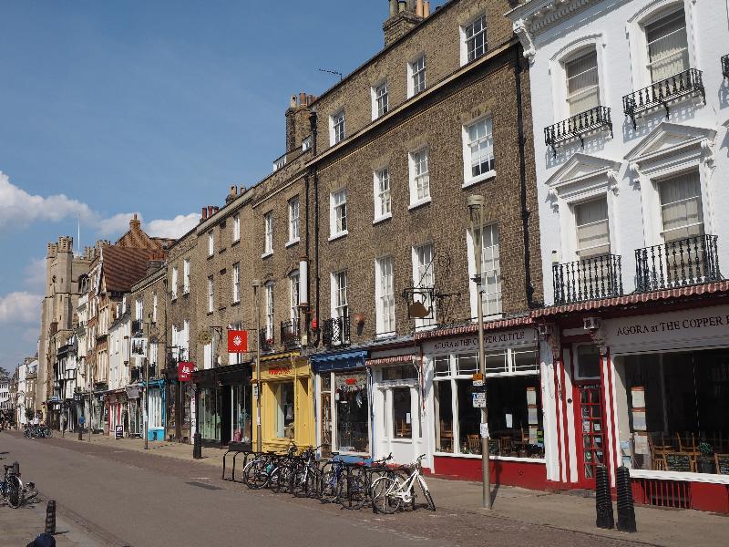 Cambridge, England: King's Parade: view (quiet because of Covid-19 lockdown)