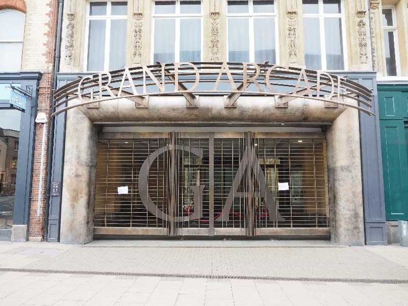 Cambridge, England: Grand Arcade: entrance (closed because of Covid-19 lockdown)