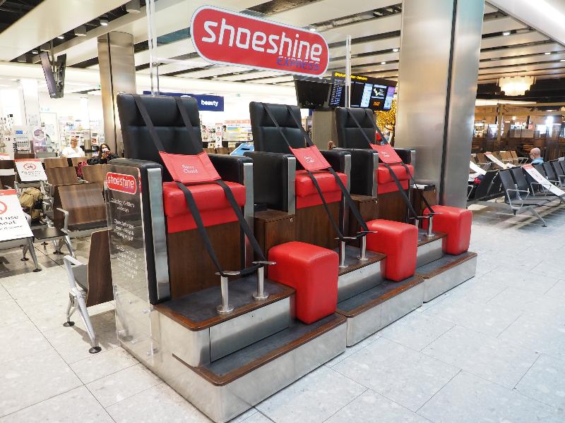 London, England: Heathrow Airport, Terminal 5: closed shoeshine stand (because of Covid-19)