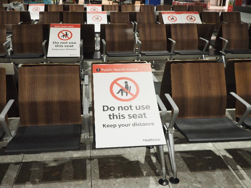 London, England: Heathrow Airport, Terminal 5: 'Do not use this seat' (because of Covid-19)