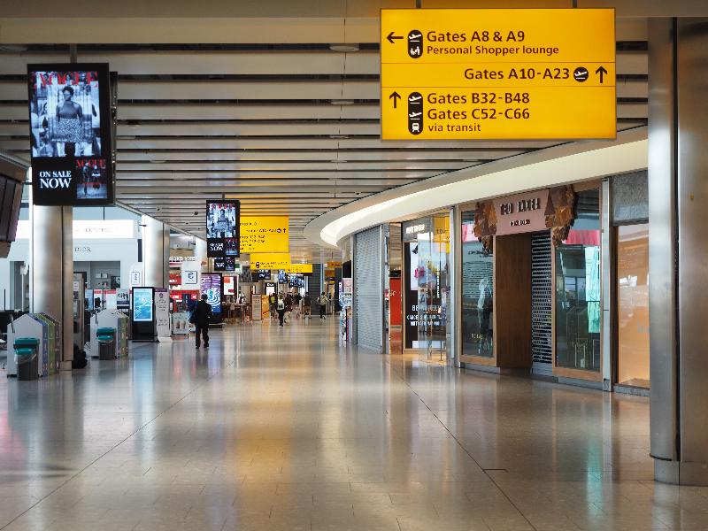 London, England: Heathrow Airport, Terminal 5: quiet main walkway (because of Covid-19)