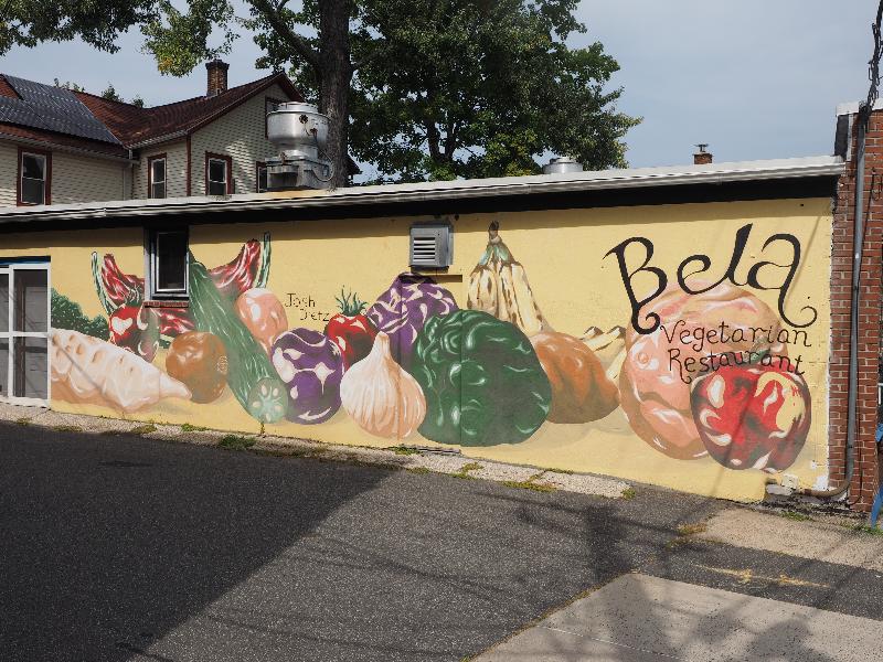 Northampton, Massachusetts (MA): Masonic Street: mural for Bela Vegetarian Restaurant (artist Josh Dietz)