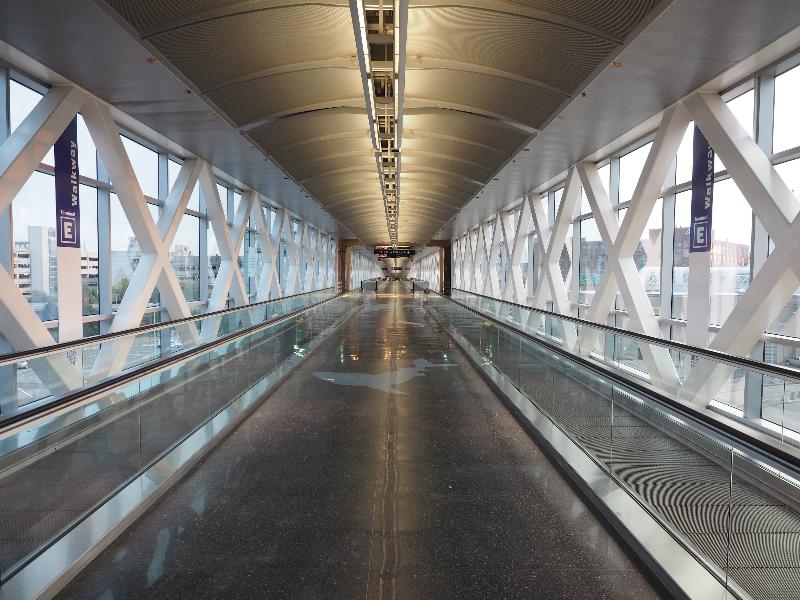 Boston, Massachusetts (MA): Logan Airport, Terminal E: empty walkway (because of Covid-19)
