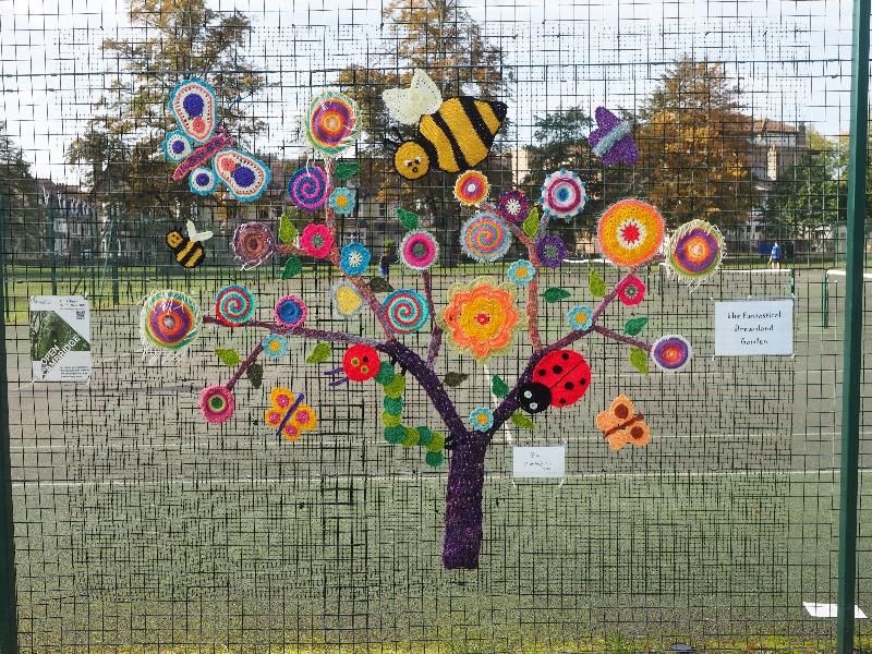 Cambridge, England: Jesus Green: Rainbow tree (2020, artist Zesty Helix) (The Fantastical Dreamland Garden)