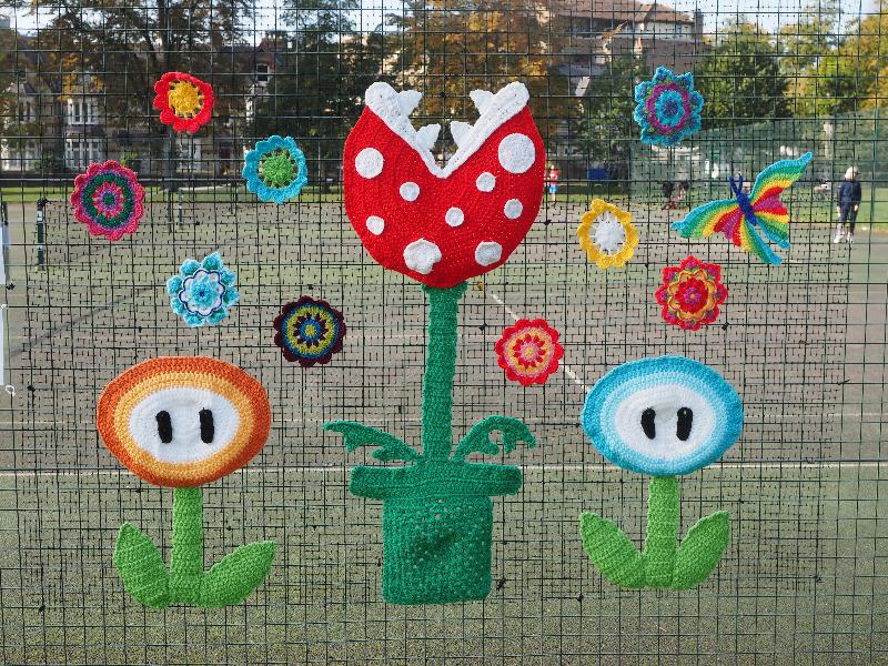 Cambridge, England: Jesus Green: Blooms and butterfly (2020, artist Sophie Neville) (The Fantastical Dreamland Garden)