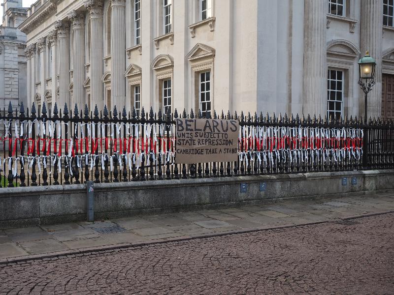 Cambridge, England: Senate House: Belarus protest banner