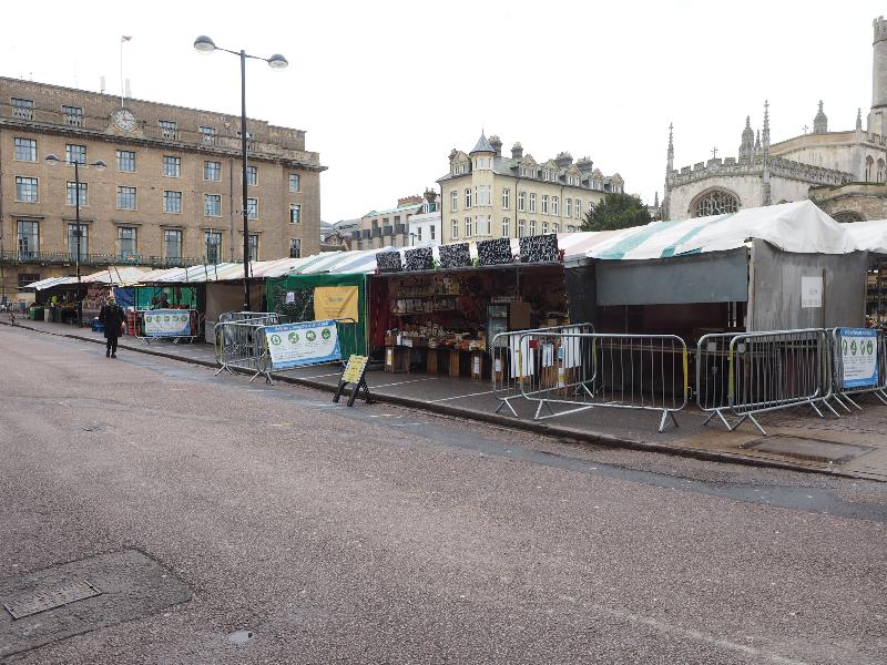 Cambridge, England: Market Square: quiet market because of Covid-19