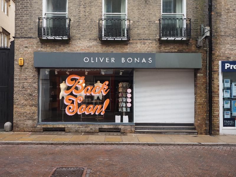 Cambridge, England: Oliver Bonas store: Back Soon! (closed because of Covid-19 lockdown)