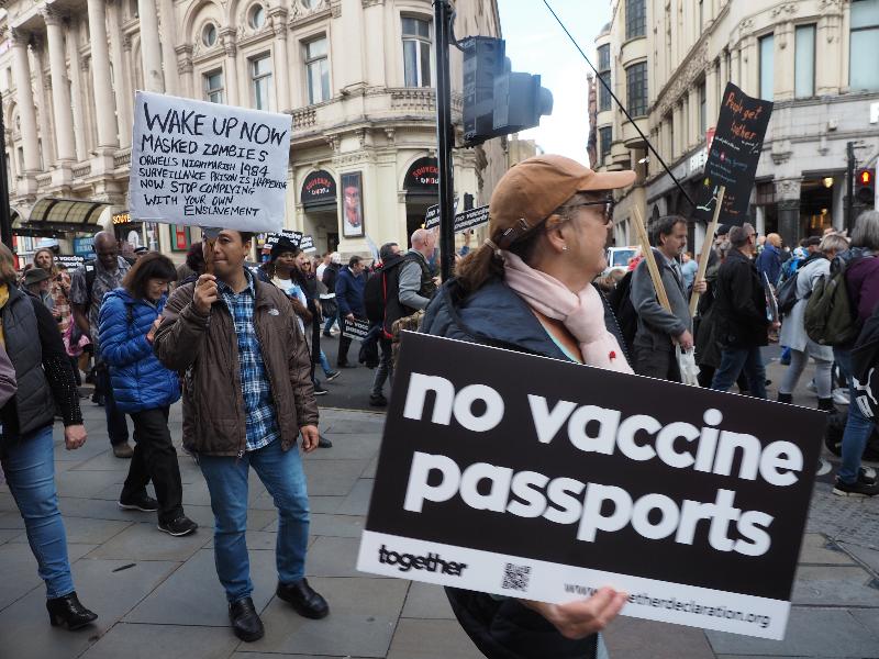 London, England: Coventry Street: anti-vaccination march