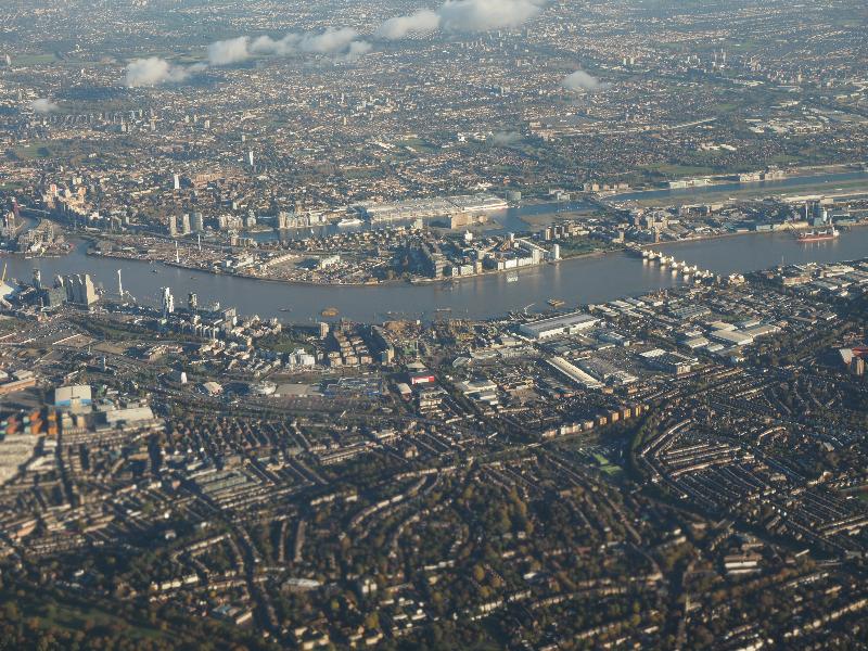 London, England: ExCeL London and Thames Barrier: aerial view