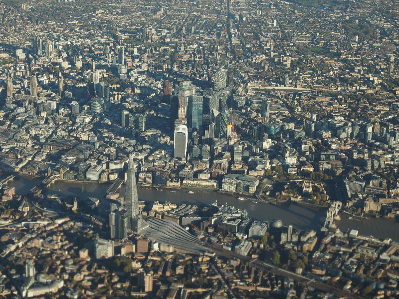 London, England: the Shard and the City of London: aerial view