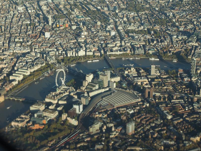 London, England: Charing Cross, the London Eye, and Waterloo Station: aerial view