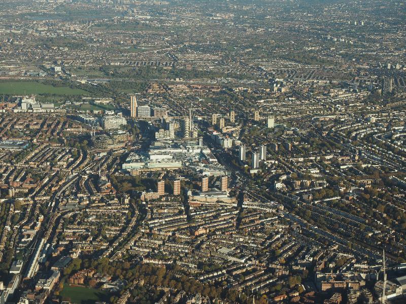 London, England: Wormword Scrubs, Imperial College White City, BBC White City: aerial view