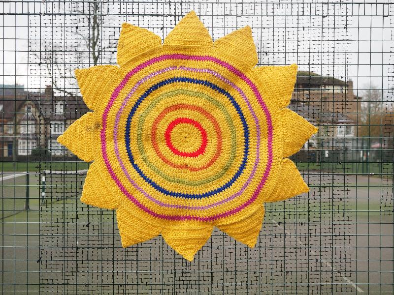 Cambridge, England: Jesus Green: rainbow sun (Cambridge Yarn Collective)