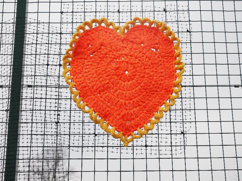 Cambridge, England: Jesus Green: orange heart (Cambridge Yarn Collective)