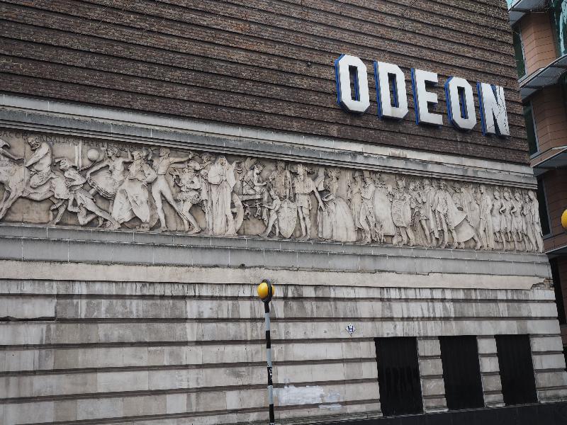 London, England: Shaftesbury Avenue: Odeon (was Saville Theatre) frieze, Drama Through the Ages (1931, architect T.P. Bennett, sculptor Gilbert Bayes)