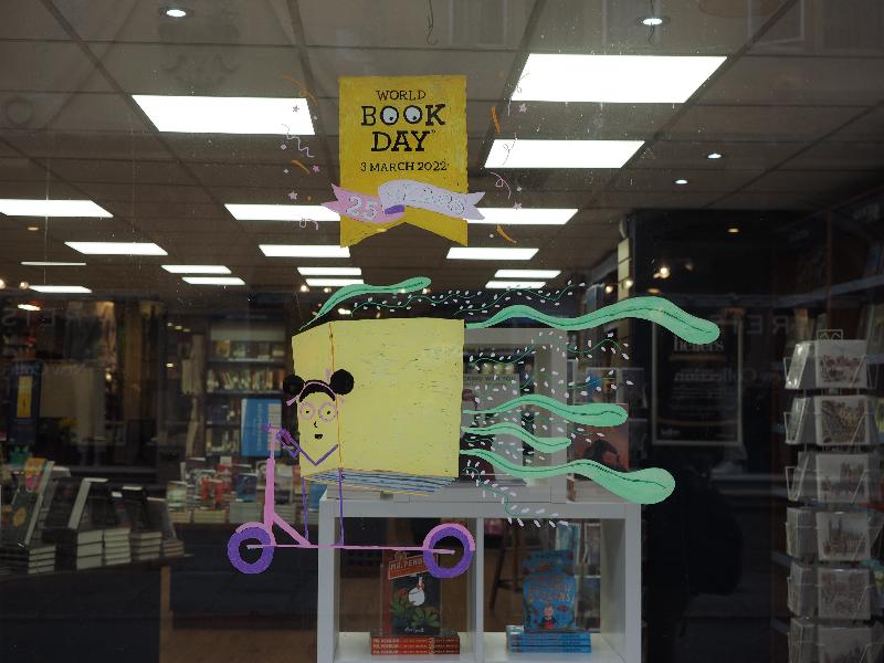 Cambridge, England: Heffers Bookshop: World Book Day cartoon (artist Allen Fatimaharan)