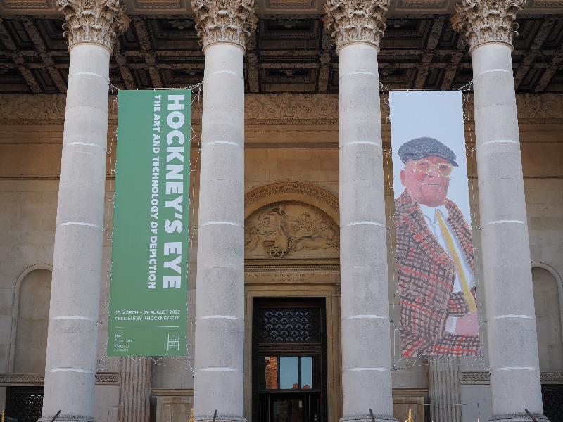 Cambridge, England: Fitzwilliam Museum: banners for Hockney exhibition