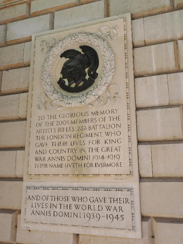 London, England: Royal Academy: war memorial tablet (WW1 designer Geoffrey Webb and sculptor and text WD Gough, WW2 text AJ Ayres)