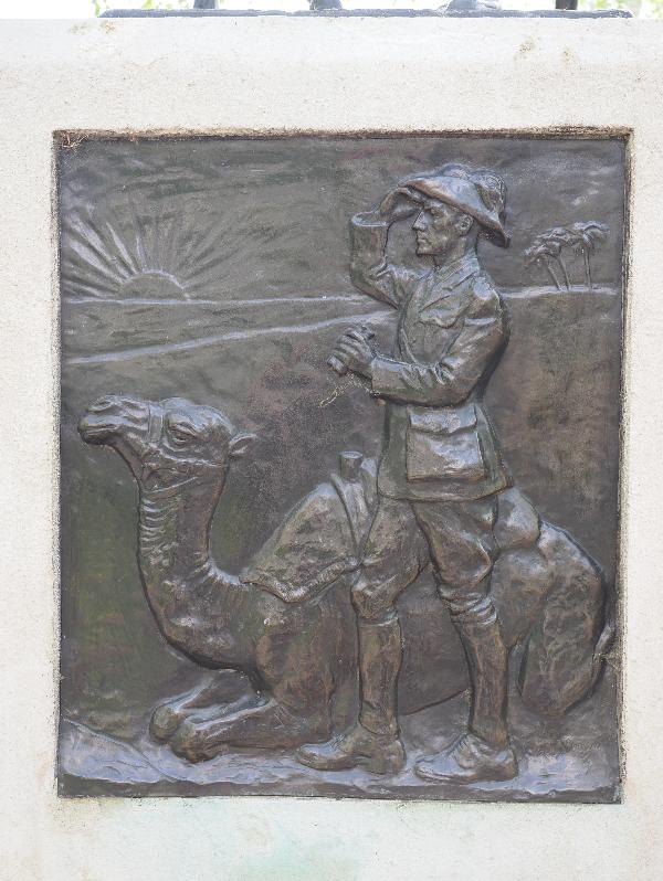 London, England: Victoria Embankment Gardens: Imperial Camel Corps Memorial, plaque (1921, Cecil Brown)