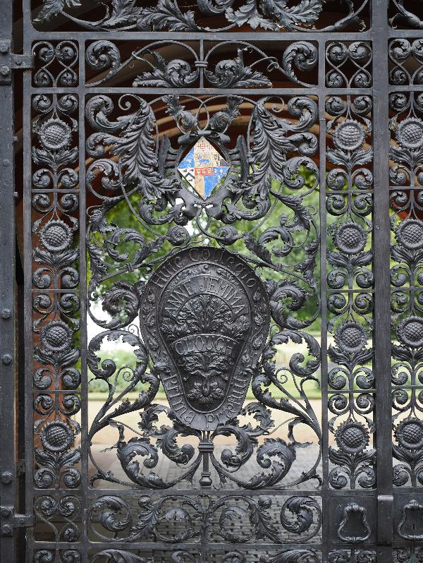 Cambridge, England: Newnham College: Newnham Walk gate detail