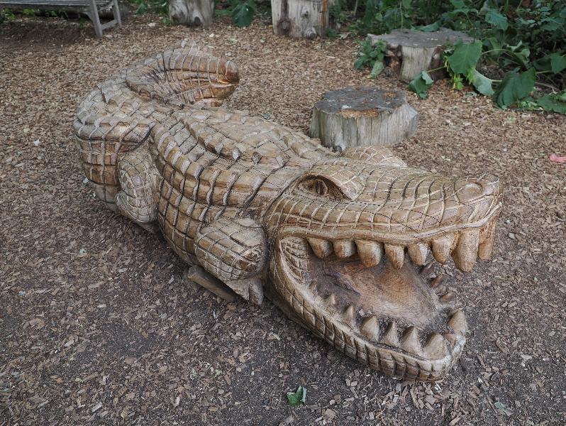 Cambridge, England: Botanic Garden: carved alligator (or crocodile)