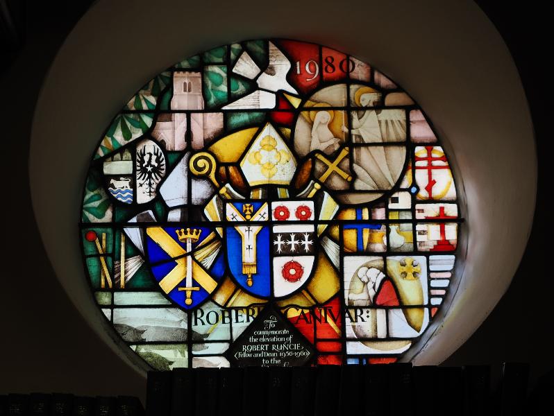 Cambridge, England: Trinity Hall: chapel, Robert Runcie Commemorative Window (1984, John Hayward)