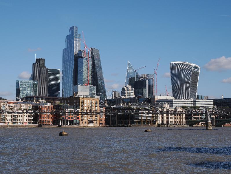 London, England: Thames: view towards City of London