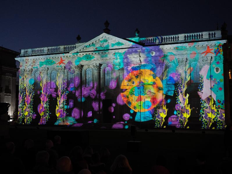 Cambridge, England: Senate House: Carnival! (part of Cambridge Music Festival, lightshow produced by Novak, using artwork by students from Castle, Arbury, St Matthews and Galfrid primary schools during workshops led by Hilary Cox-Condron)
