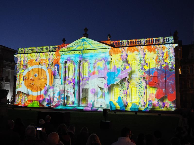 Cambridge, England: Senate House: Carnival! (part of Cambridge Music Festival, lightshow produced by Novak, using artwork by students from Castle, Arbury, St Matthews and Galfrid primary schools during workshops led by Hilary Cox-Condron)