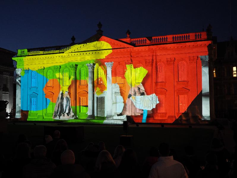 Cambridge, England: Senate House: Carnival! (part of Cambridge Music Festival, lightshow produced by Novak, using artwork by students from Castle, Arbury, St Matthews and Galfrid primary schools during workshops led by Hilary Cox-Condron)