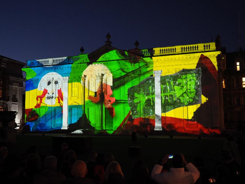 Cambridge, England: Senate House: Carnival! (part of Cambridge Music Festival, lightshow produced by Novak, using artwork by students from Castle, Arbury, St Matthews and Galfrid primary schools during workshops led by Hilary Cox-Condron)