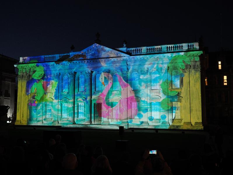Cambridge, England: Senate House: Carnival! (part of Cambridge Music Festival, lightshow produced by Novak, using artwork by students from Castle, Arbury, St Matthews and Galfrid primary schools during workshops led by Hilary Cox-Condron)