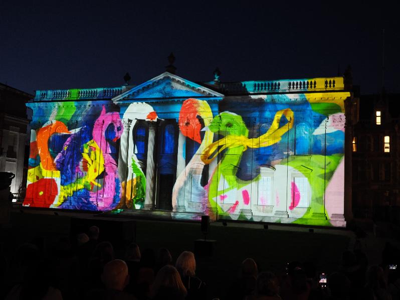 Cambridge, England: Senate House: Carnival! (part of Cambridge Music Festival, lightshow produced by Novak, using artwork by students from Castle, Arbury, St Matthews and Galfrid primary schools during workshops led by Hilary Cox-Condron)
