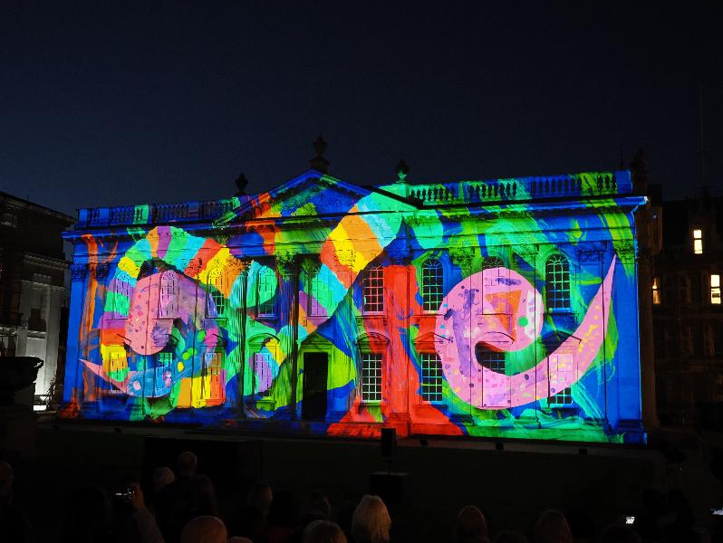 Cambridge, England: Senate House: Carnival! (part of Cambridge Music Festival, lightshow produced by Novak, using artwork by students from Castle, Arbury, St Matthews and Galfrid primary schools during workshops led by Hilary Cox-Condron)