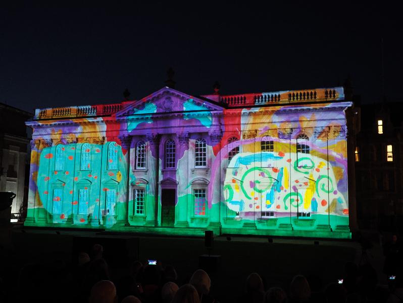 Cambridge, England: Senate House: Carnival! (part of Cambridge Music Festival, lightshow produced by Novak, using artwork by students from Castle, Arbury, St Matthews and Galfrid primary schools during workshops led by Hilary Cox-Condron)