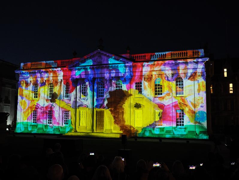 Cambridge, England: Senate House: Carnival! (part of Cambridge Music Festival, lightshow produced by Novak, using artwork by students from Castle, Arbury, St Matthews and Galfrid primary schools during workshops led by Hilary Cox-Condron)