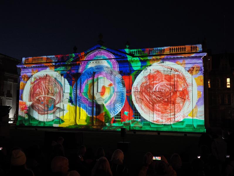 Cambridge, England: Senate House: Carnival! (part of Cambridge Music Festival, lightshow produced by Novak, using artwork by students from Castle, Arbury, St Matthews and Galfrid primary schools during workshops led by Hilary Cox-Condron)