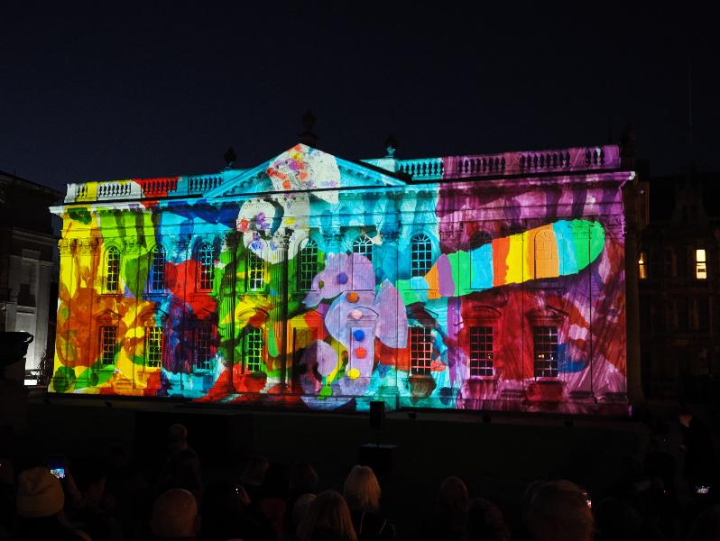 Cambridge, England: Senate House: Carnival! (part of Cambridge Music Festival, lightshow produced by Novak, using artwork by students from Castle, Arbury, St Matthews and Galfrid primary schools during workshops led by Hilary Cox-Condron)
