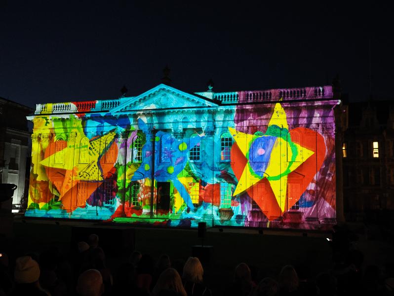 Cambridge, England: Senate House: Carnival! (part of Cambridge Music Festival, lightshow produced by Novak, using artwork by students from Castle, Arbury, St Matthews and Galfrid primary schools during workshops led by Hilary Cox-Condron)